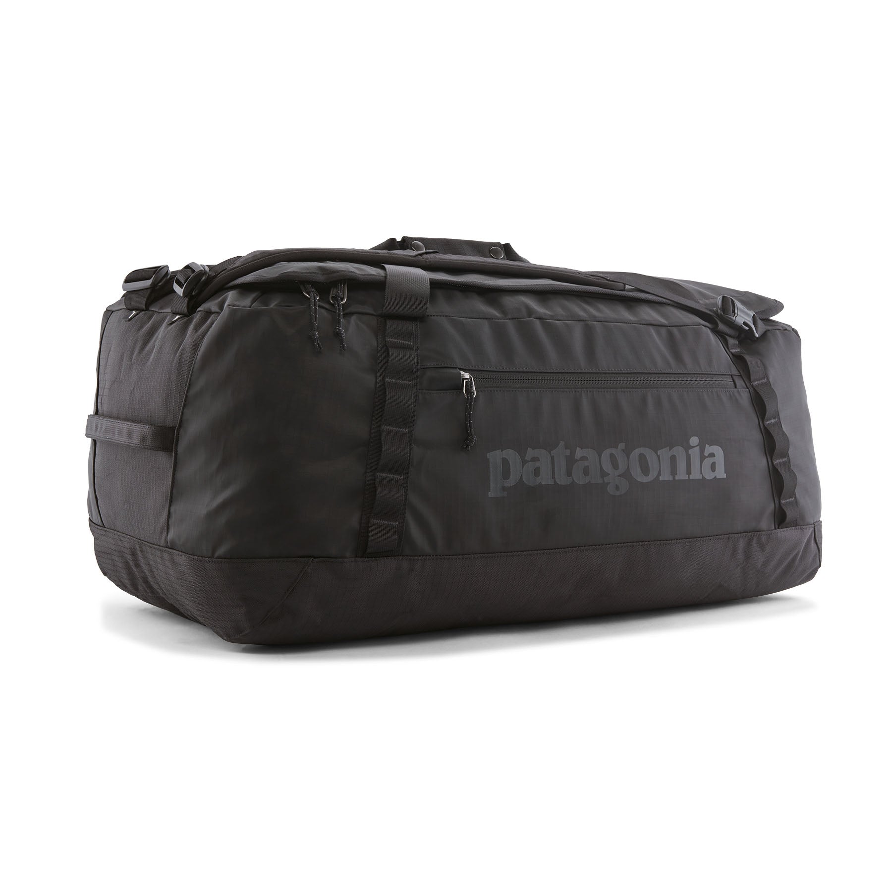 Vista frontal de la bolsa de viaje Patagonia Black Hole Duffel 70L en color negro