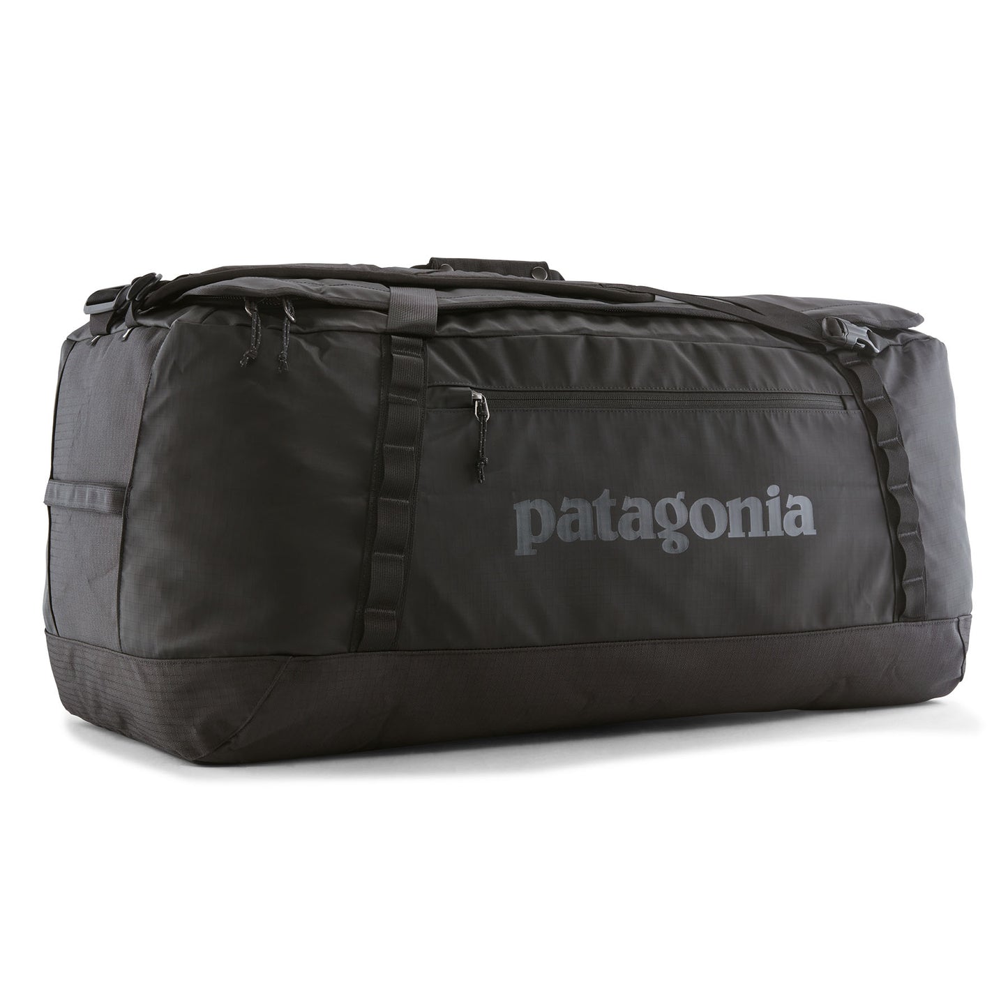 Vista frontal de la bolsa de viaje Patagonia Black Hole Duffel 100L en color negro